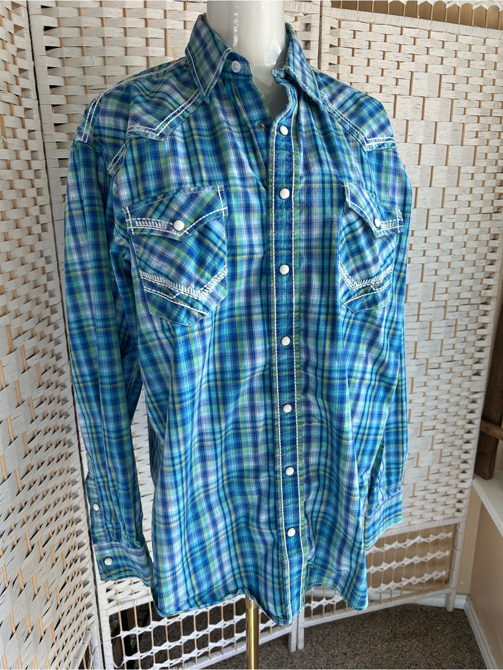 PANHANDLE ROUGH STOCK Men's M Shirt Embroidered Plaid Snap-Down Cowboy Western